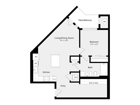 Floor plan for 1 bed, 1 bath, 789 sqft